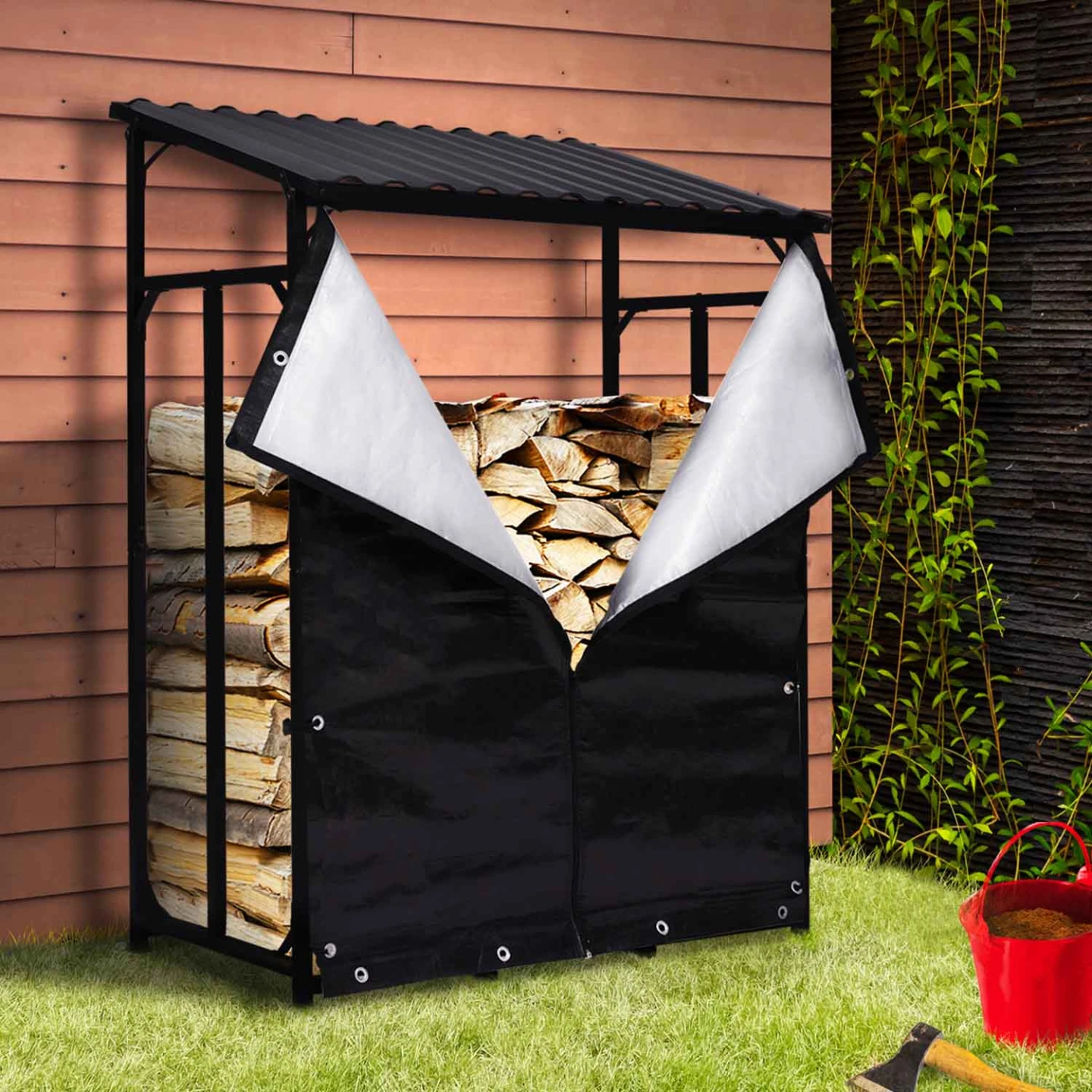 Abri de stockage en acier galvanisé pour bûches L.111 cm avec housse de protection 150 gr