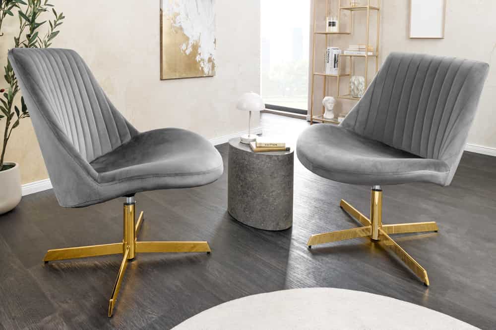 Drehbarer Sessel LOUNGER grau gold Samt Modern Design