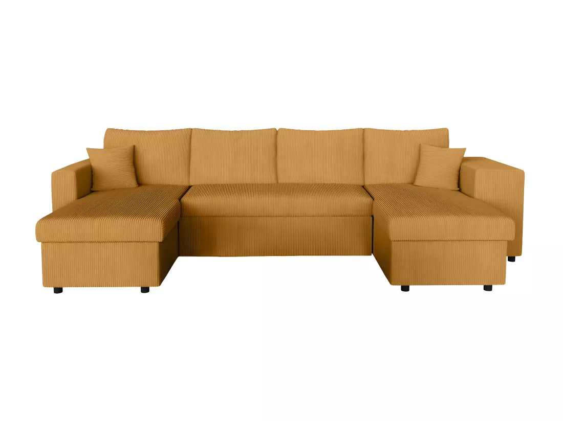 Canapé panoramique Oslo convertible avec 2 coffres, 2 poufs à droite en velours côtelé jaune - L311 x P146 x H81cm - Loungitude