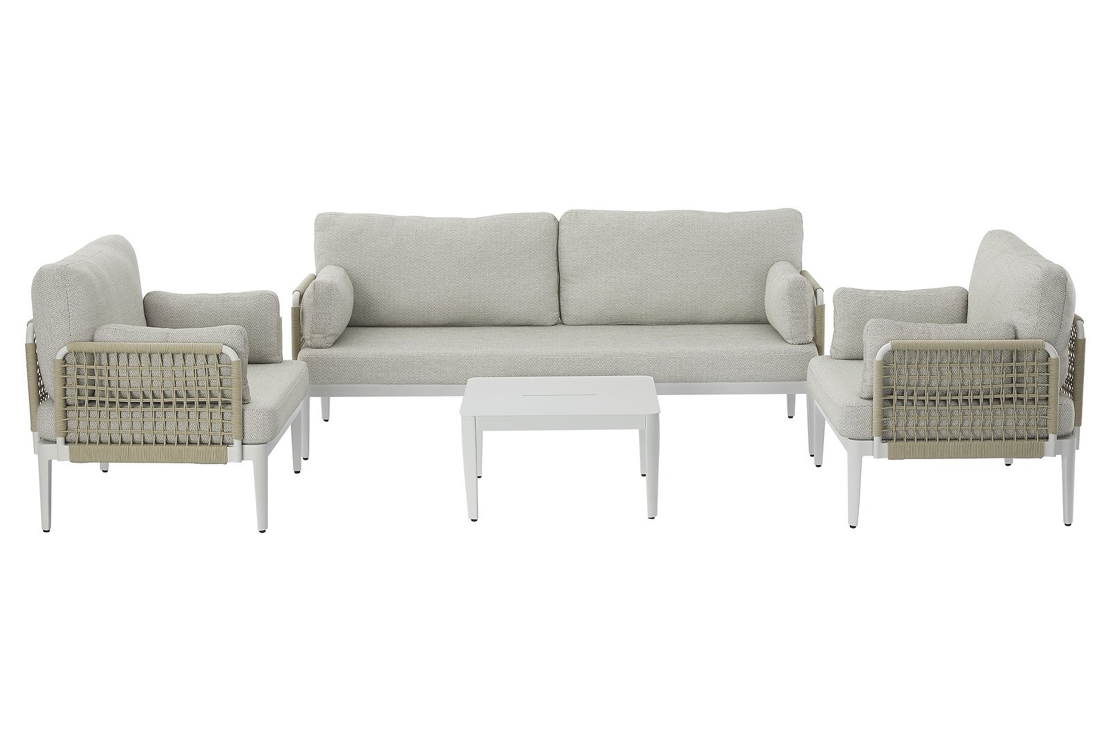 Sailon utesofa Hagesofa, 3-seter i hvitlakkert aluminium med sider av naturfarget tau. Beige puter.