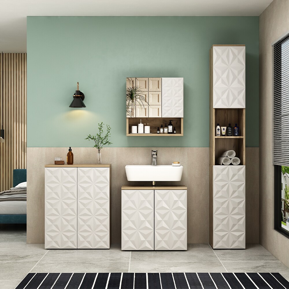 Vicco Hochschrank Badschrank Badezimmermöbel Edge Eiche Weiß modern 30x190 cm Badkommode Badezimmer Schrank Badmöbel 2 Türen 6 Fächer