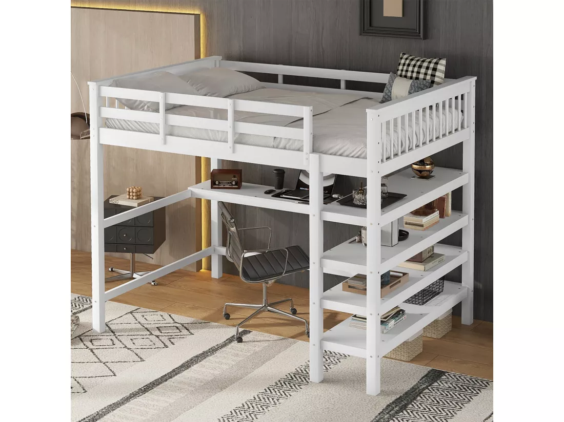 Lit mezzanine 140 x 200 cm avec bureau et étagères de rangement - Bois de pin + MDF - Blanc