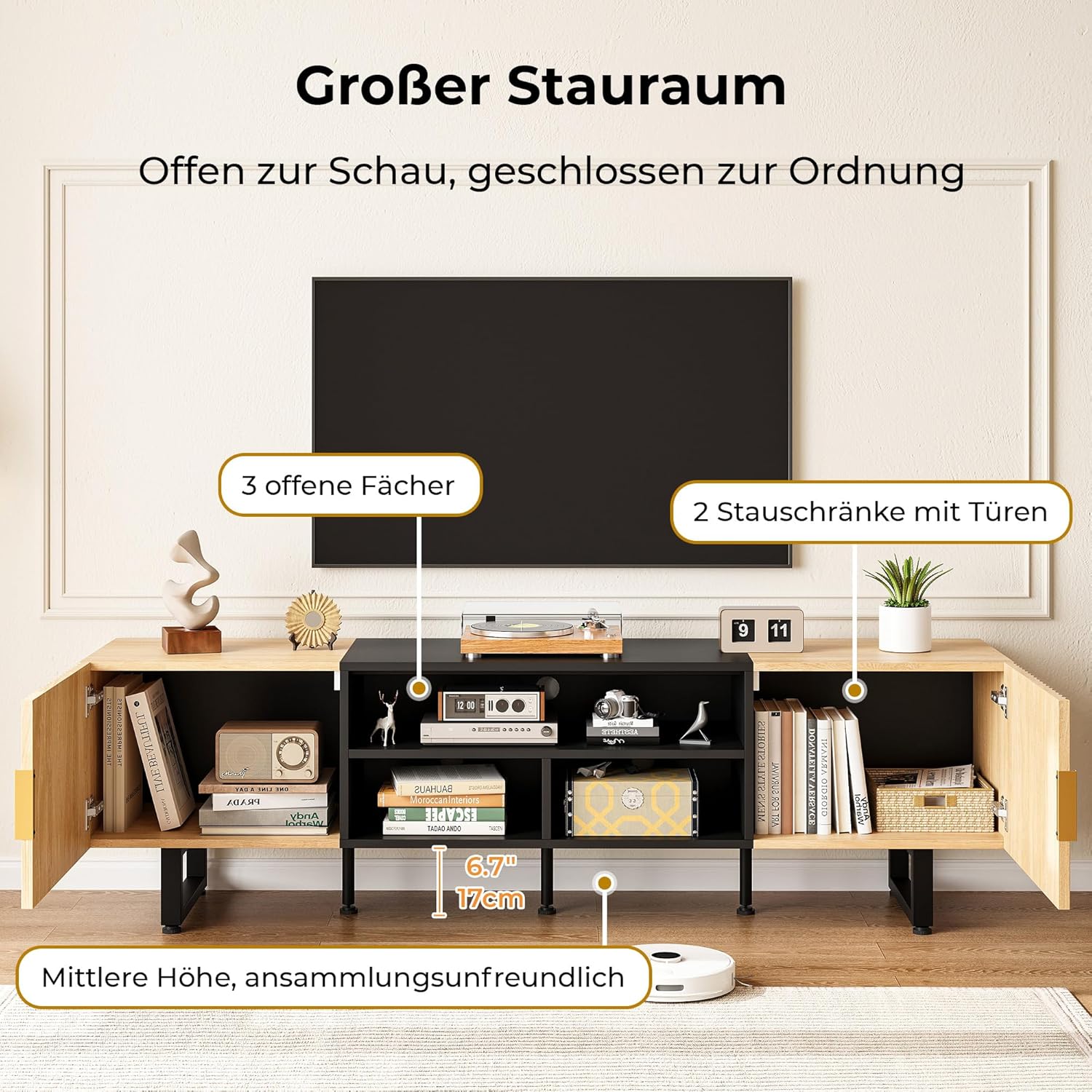 IRONCK TV Schrank 180cm Lowboard für Fernseher bis zu 65/75/80 Zoll, Fernsehtisch mit 2 Türen 3 offenen Fächern, Fernsehschrank Holz, Modern TV Board für Wohnzimmer, Schlafzimmer (Schwarz/Eiche)