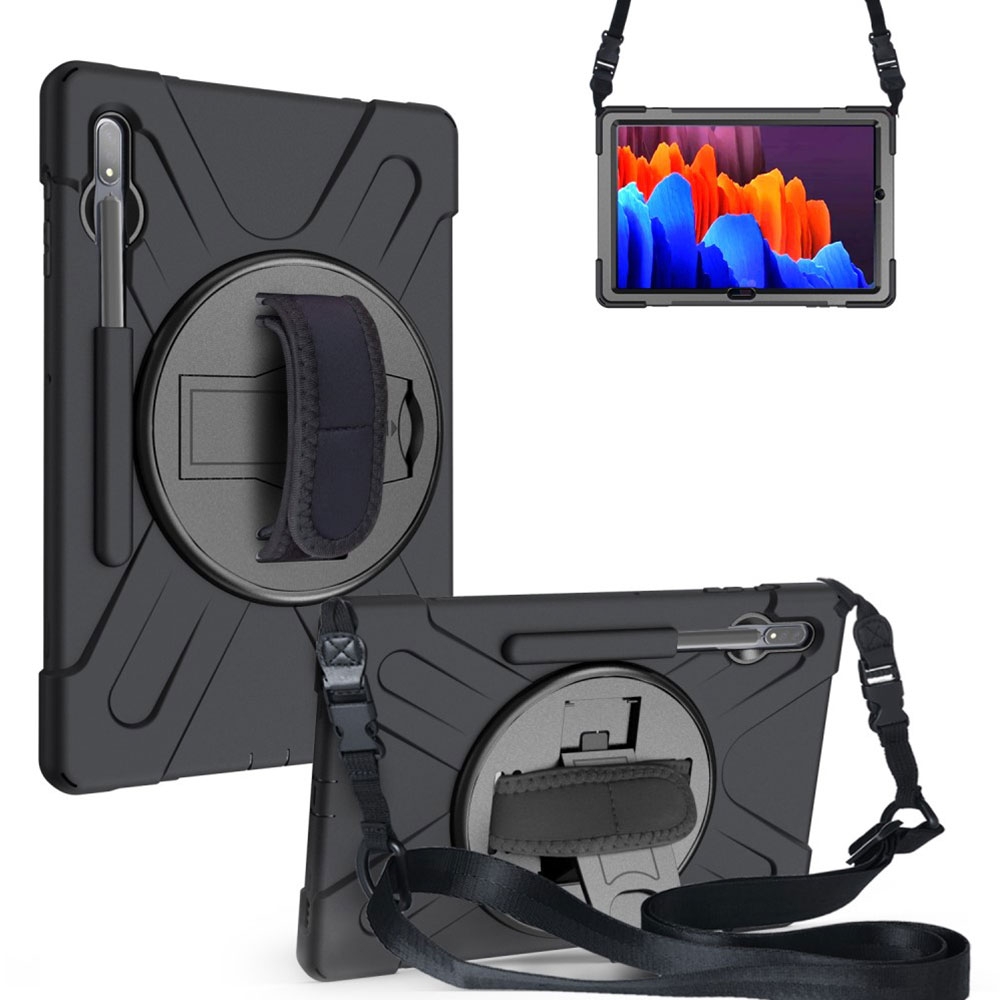Samsung Galaxy Tab S8  Plus / Tab S7  Plus Hybrid Outdoor Silikon Case Hülle mit Aufsteller Handschlaufe Schultergurt   S-Pen Halterung - Schwarz