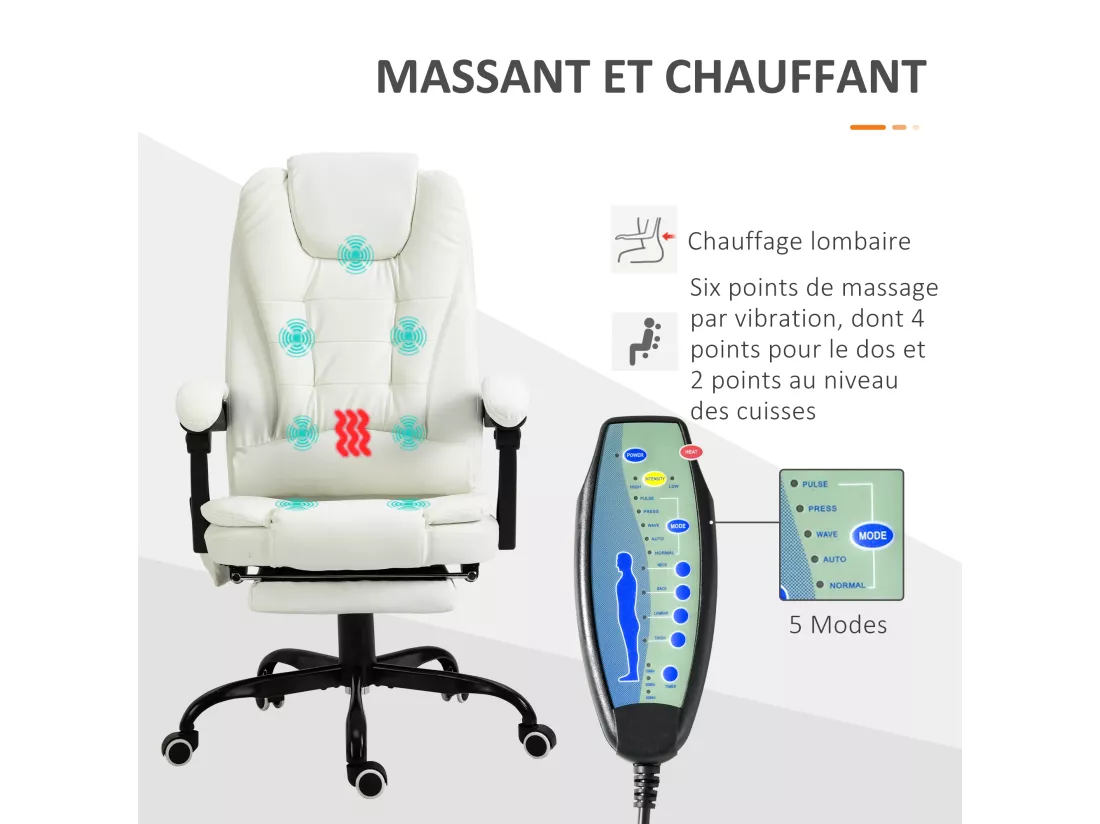 Vinsetto Fauteuil de bureau direction massant hauteur réglable dossier inclinable repose-pied + coussin lombaires intégrés revêtement synthétique blanc