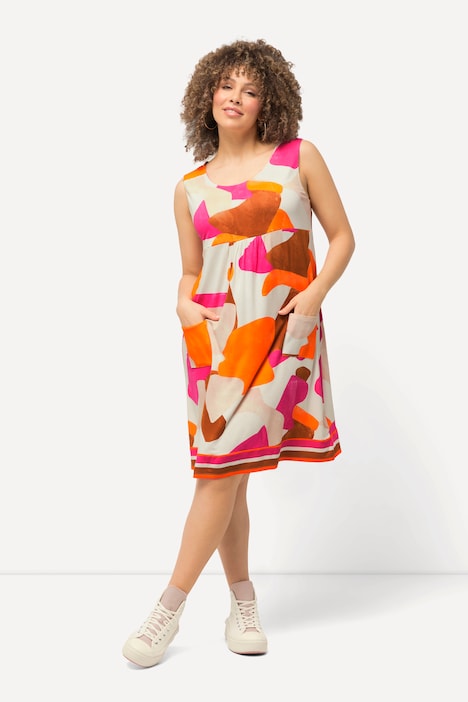 Minikleid, grafischer Druck, A-Linie, Rundhals, ärmellos