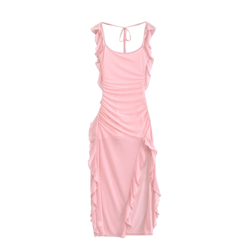 Sundine - Maxi-jurk met kapmouwen, ronde hals, effen ruches en mesh met split