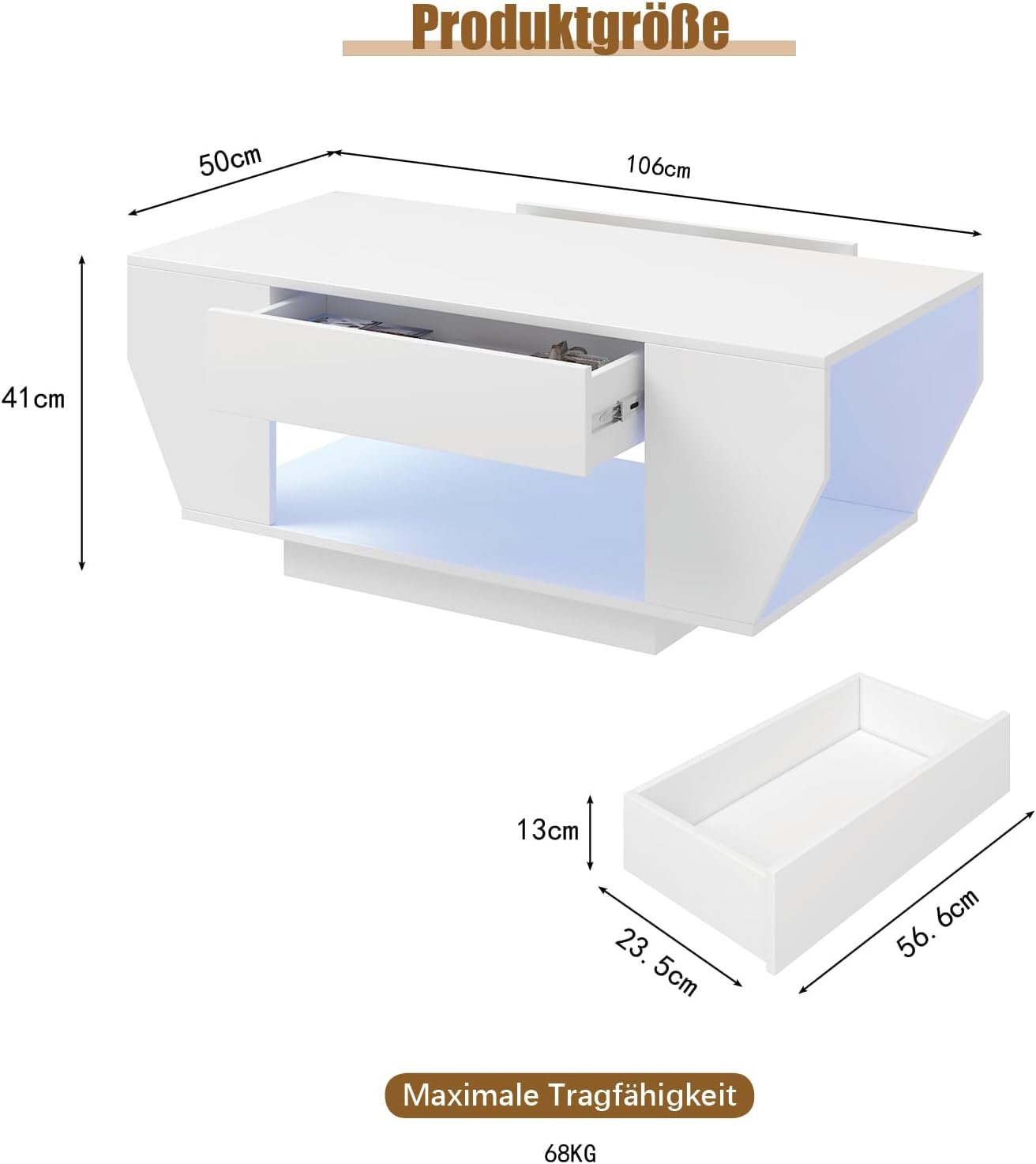 Couchtisch LED, Wohnzimmertisch mit 2 Schubladen für Wohnzimmer Hochglanz 106 x 50 x 41cm (Weiß)