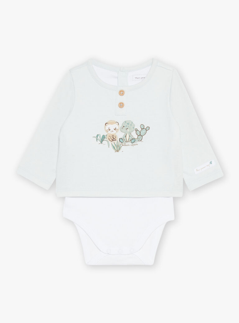 Body-T-shirt bleu, pantalon beige et chaussettes vert d'eau