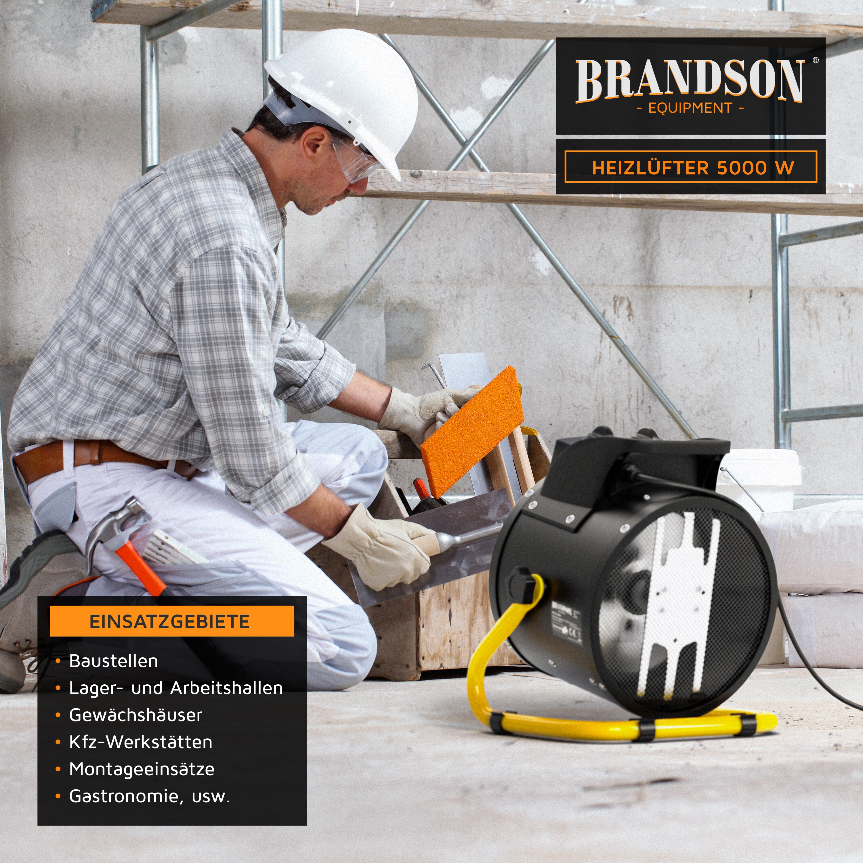 Brandson Bauheizer 5000W, Heizlüfter, 2 Heizstufen, Überhitzungsschutz, Automatische Abschaltung, für Baustelle Garage Werkstatt Rohbau, Schwarz/Gelb