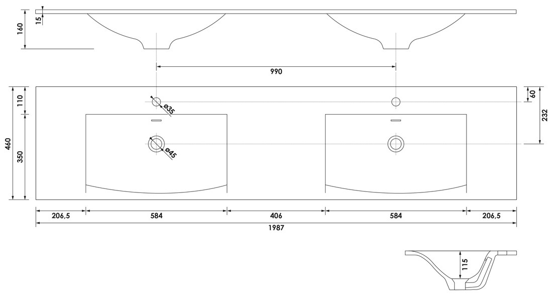 Brauer Glacier dubbele wastafel fine stone 200cm met kraangaten wit glans