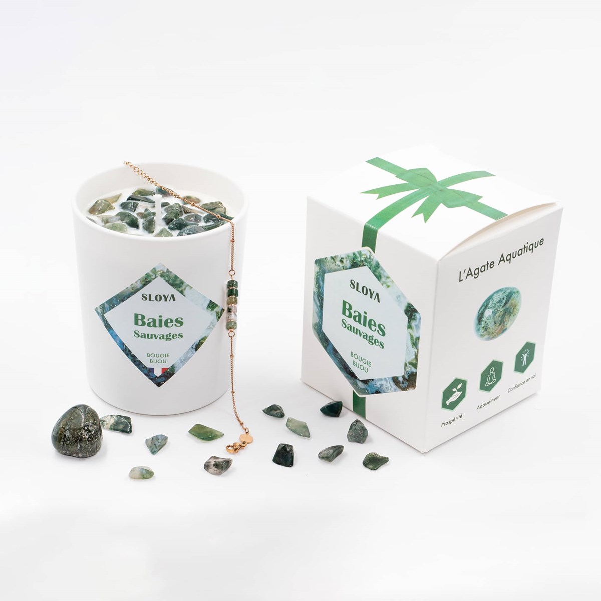 Bougie bijou pierres Agate Mousse - parfum Baies Sauvages