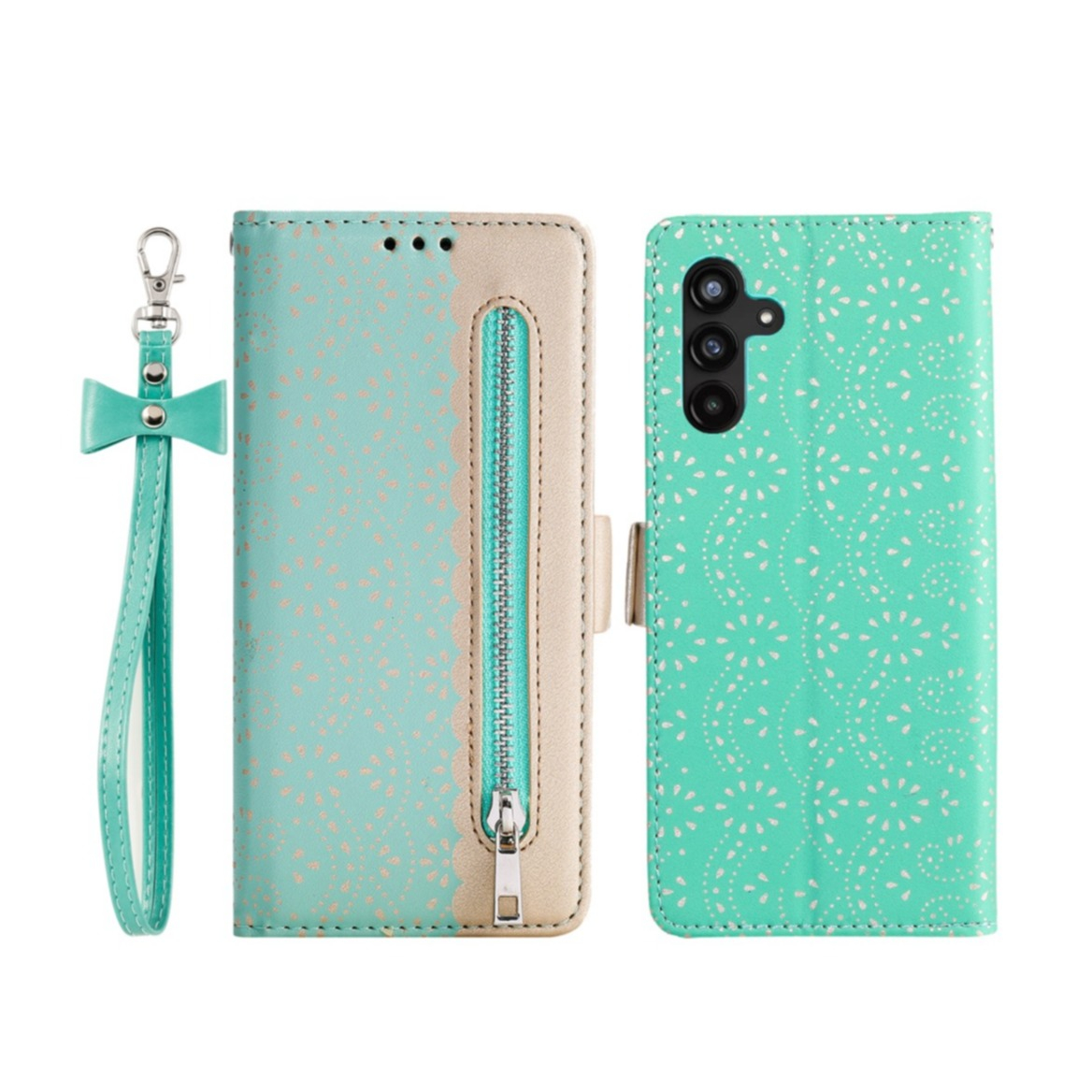 Samsung Galaxy A54 5G Leder Tasche Flip Cover mit Reissverschluss - Türkis / Gold