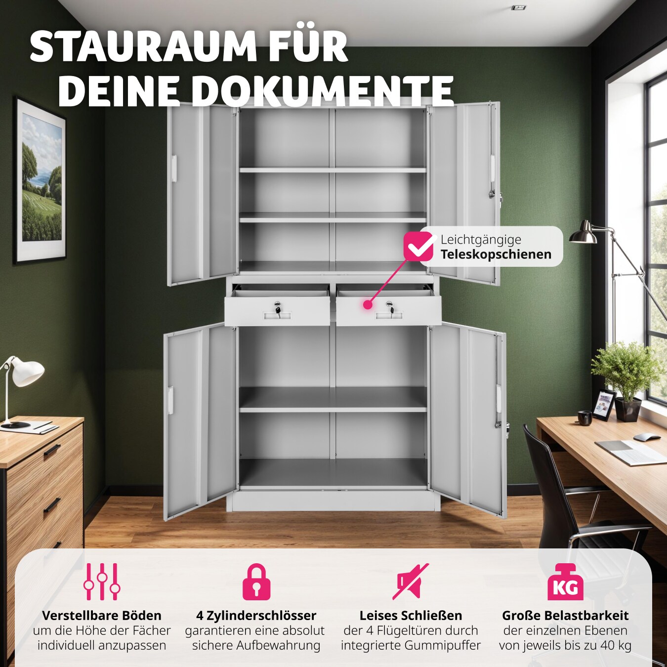 tectake® Aktenschrank, aus pulverbeschichtetem Stahl, 3 höhenverstellbare Einlegeböden, 180 x 80 x 40 cm