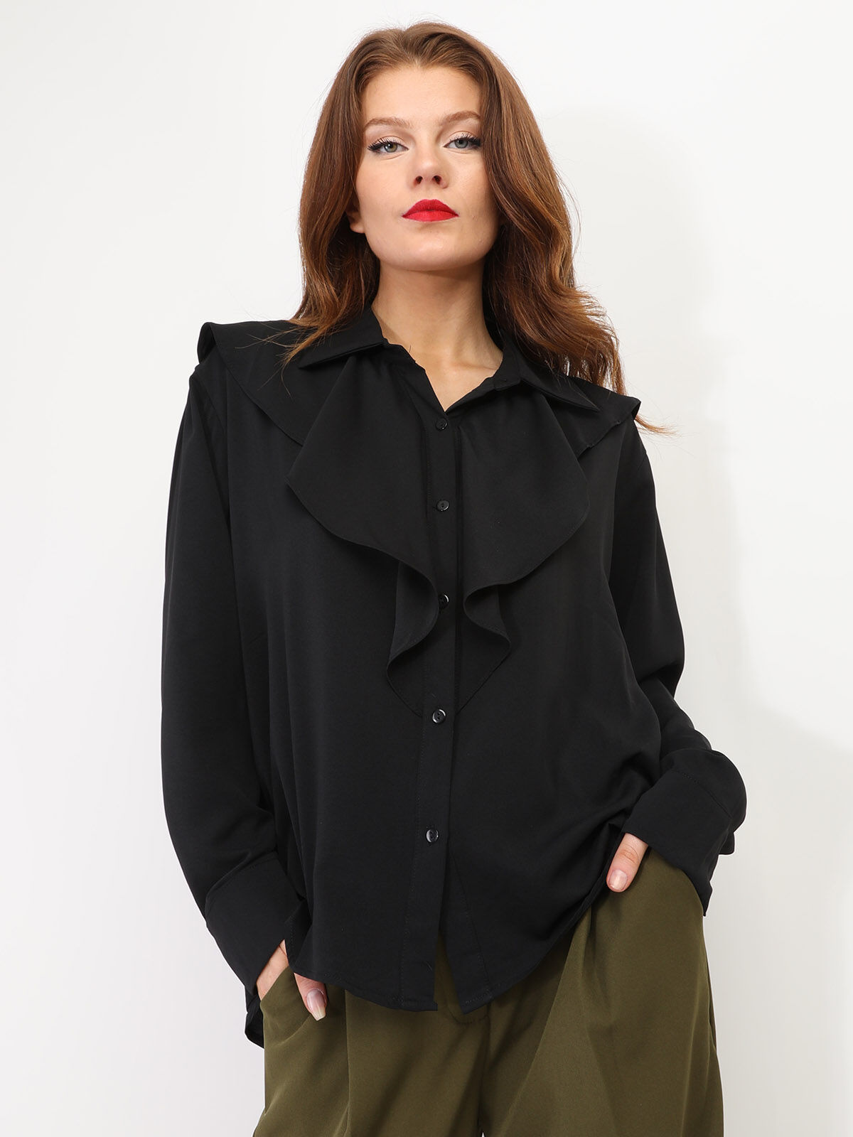 Chemise fluide à col jabot- Noir