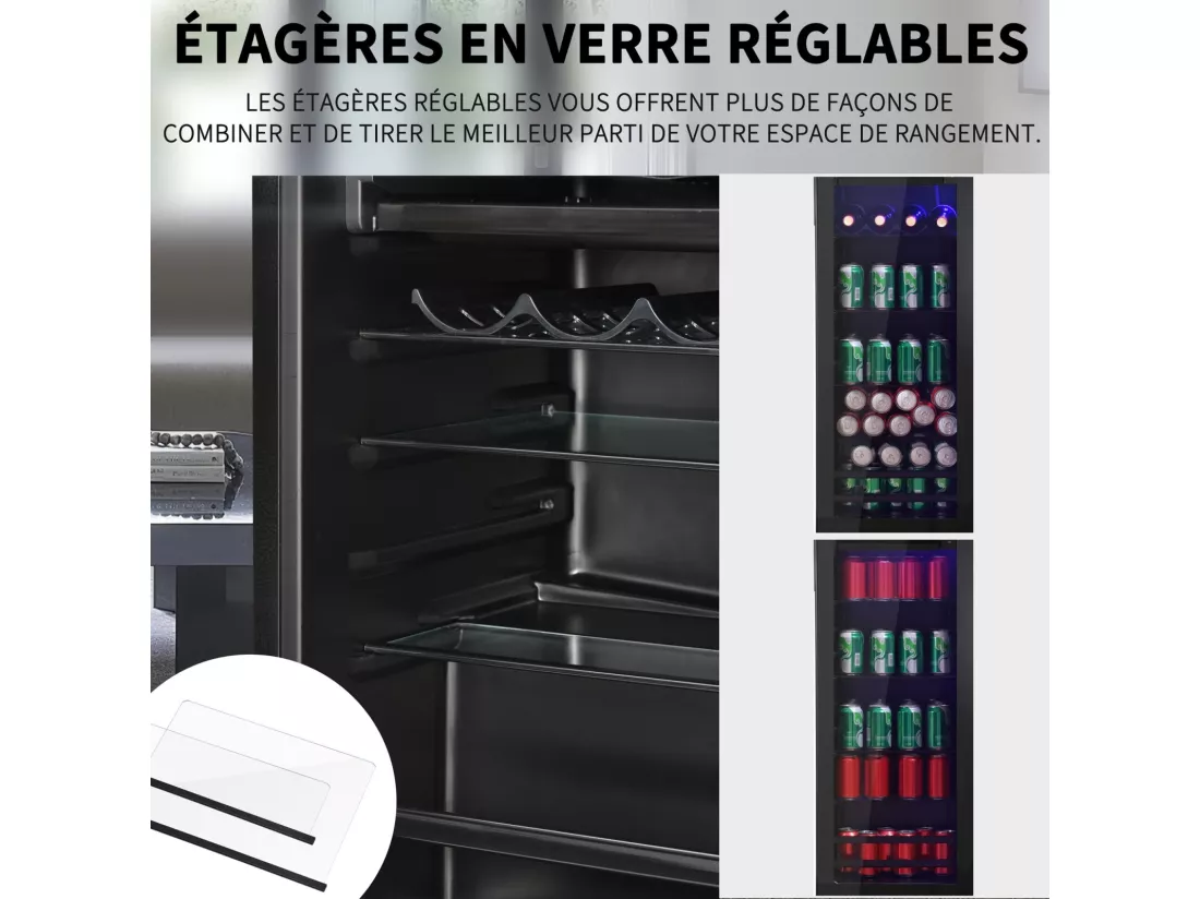 Réfrigérateur 128L, avec 3 étagères réglables et porte en verre, -10°C à 10°C, 90 kWh/an, efficacité énergétique F, 40x41x109.5cm