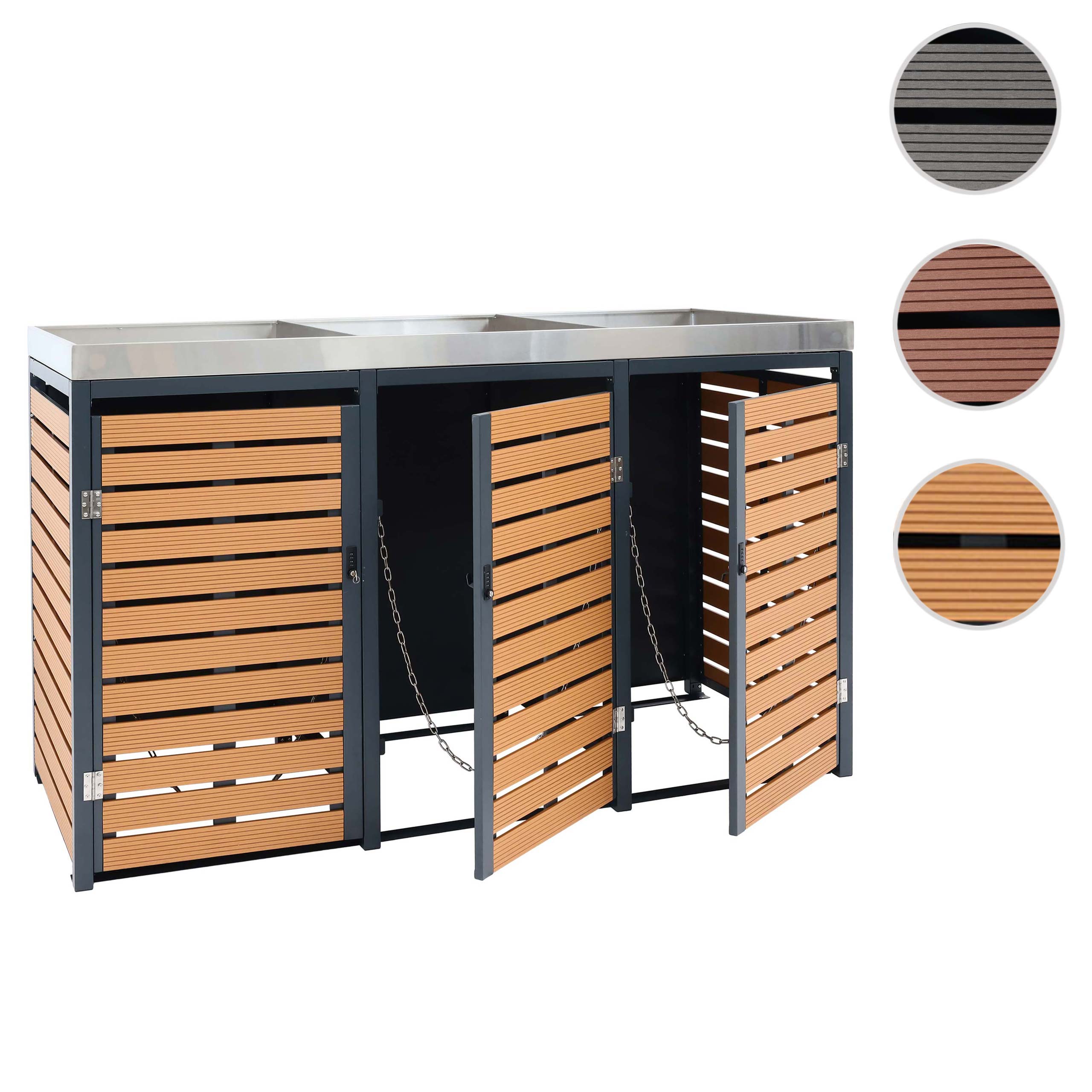 3er Mülltonnenverkleidung MCW-K14, Mülltonnenbox mit Pflanzkasten, 124x200x84cm WPC Edelstahl 107kg ~ Teak-Optik