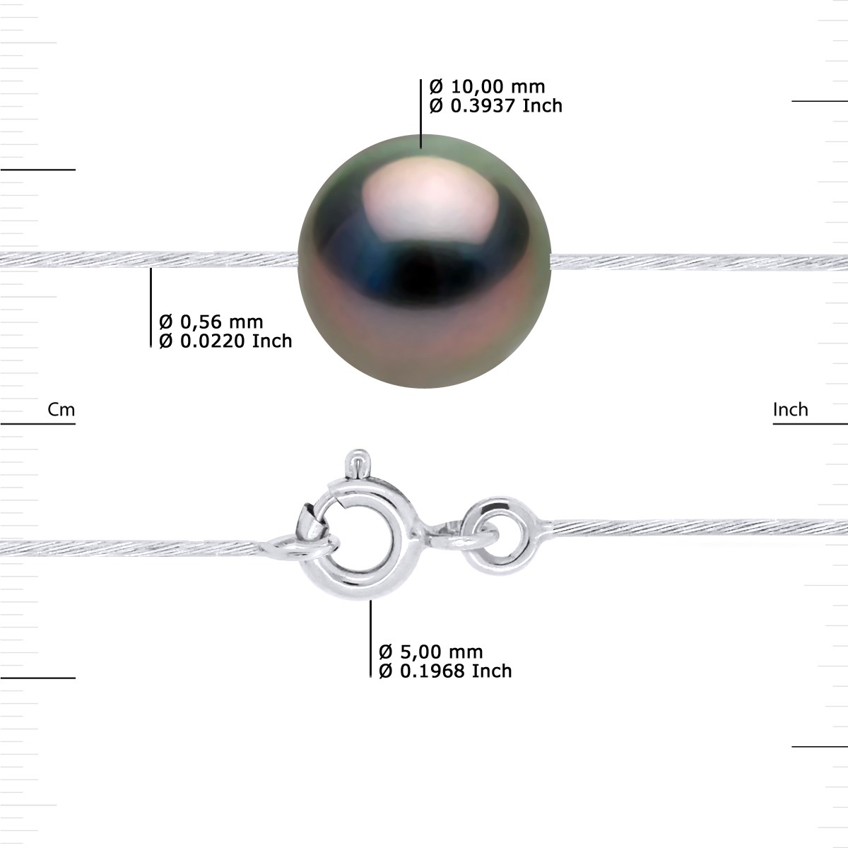 Collier - Véritable Perle de Culture de Tahiti Ronde 10-11 mm - Câble Or Blanc