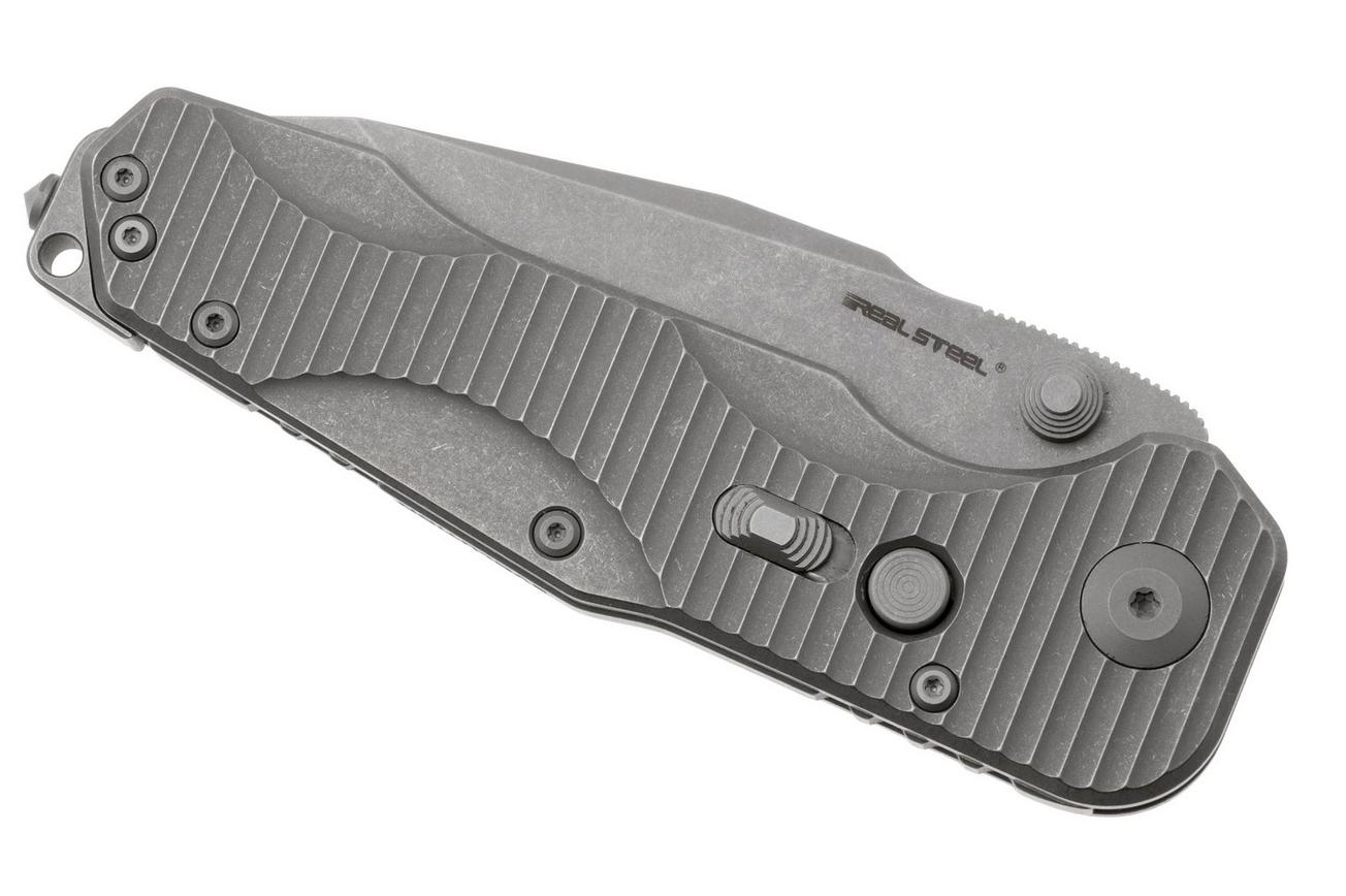 Real Steel Evolution 9912 Frame Lock & Button Unlocking Heavy Duty Tactical Knife, Stonewashed Tanto S35VN, Titanium, zakmes