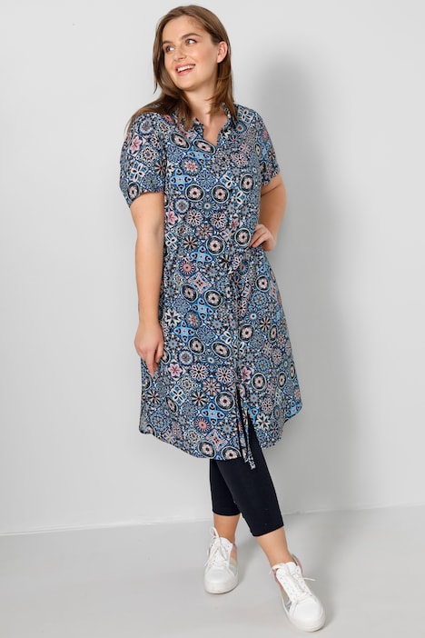 Midikleid, Alloverdruck, Hemdkragen, Knopfleiste, Bindegürtel, Halbarm