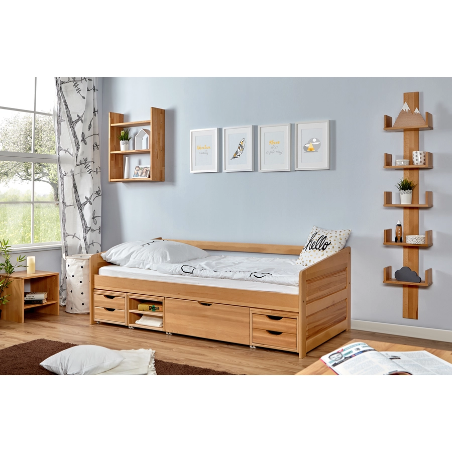 TiCAA Sofabett Micki Buche natur mit 4 Funktionsschubladen