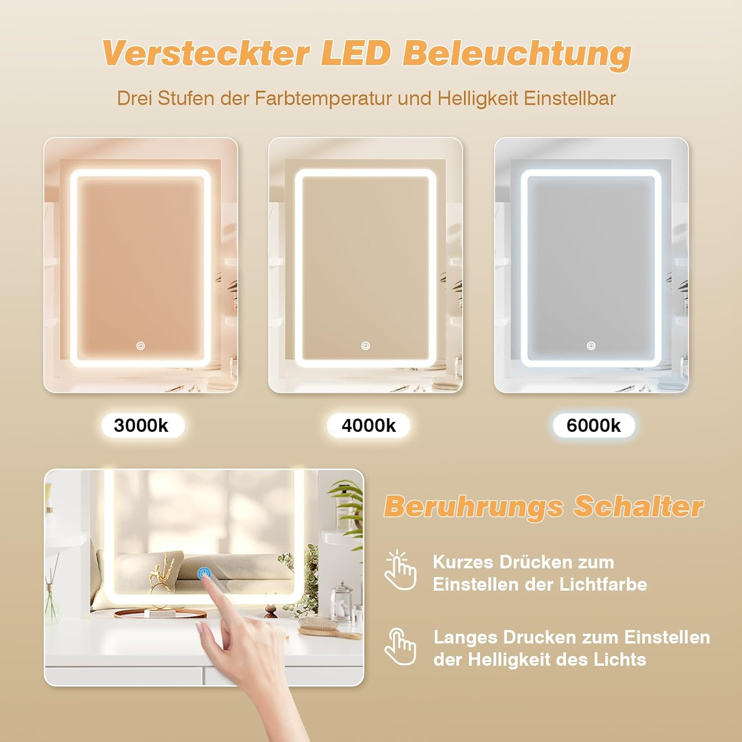 Airfish Schminktisch mit LED Beleuchtung, Frisiertisch mit Hocker und Spiegel, 2 Schubladen, Farbtemperaturen und Helligkeit Einstellbar (Weiß Schminktisch+Hocker)