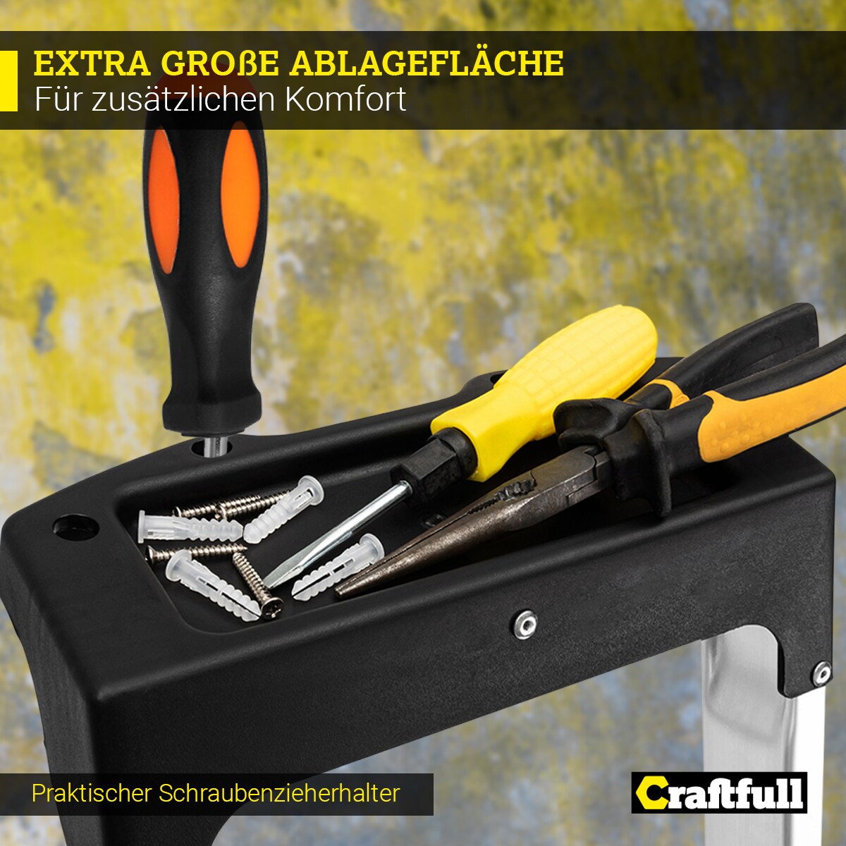 Craftfull Stehleiter CF-133B, Aluminium-Haushaltsleiter, Ablagefläche, Gummi-Standfüße, 3-6 Stufen (3 Stufen)