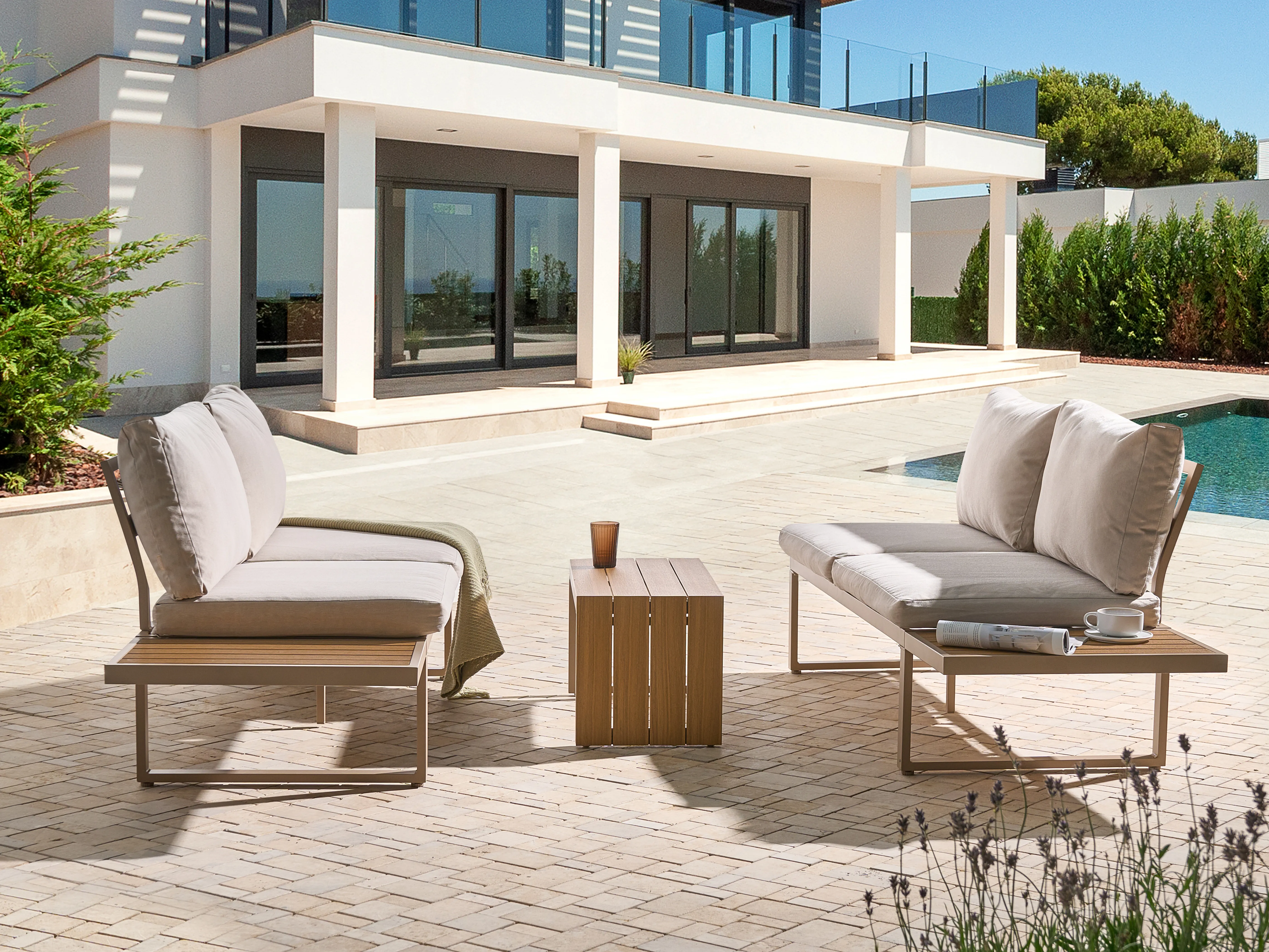 Tuin hoekloungeset met tafel 4-zits PIENZA rechtszijdig modulair Lichtbruin/beige