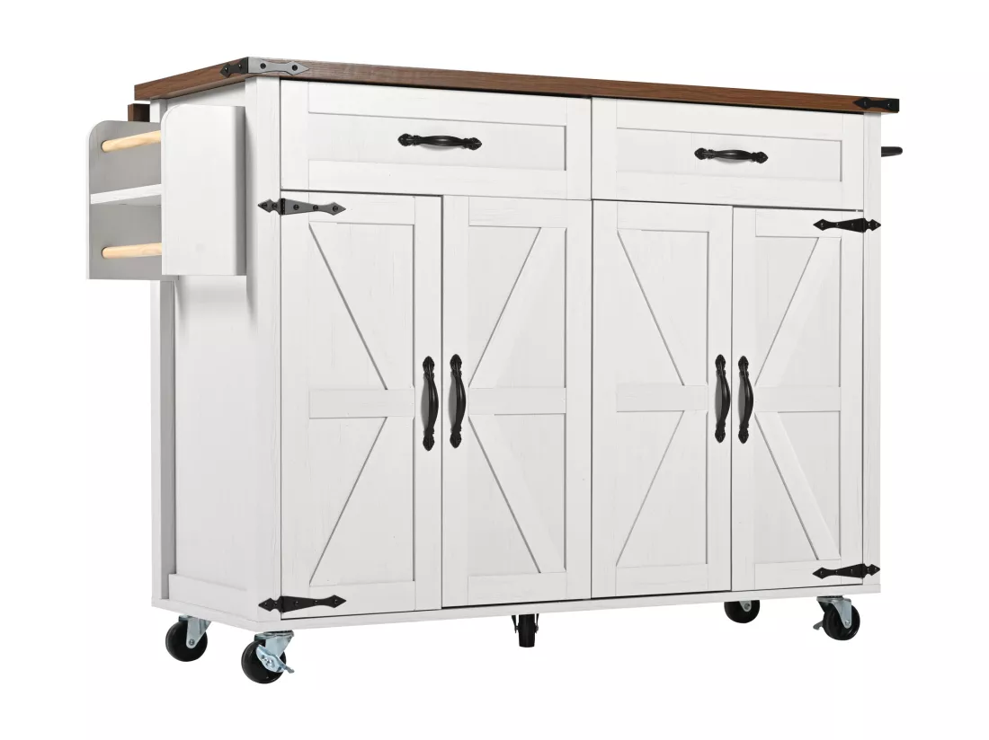 Ilot central de cuisine mobile avec 4 portes et 2 tiroirs - plateau extensible - 140 x 45/73 x 93 cm - Bois MDF + métal - Blanc + naturel