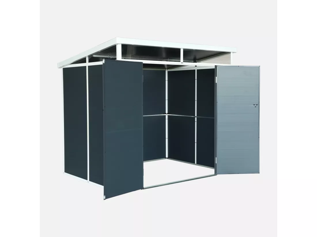 Abri de jardin plastique 4.55 m². anthracite. avec toiture monopente skylight. fenêtre et grande porte d'entrée. 238 x 190 x 215 cm