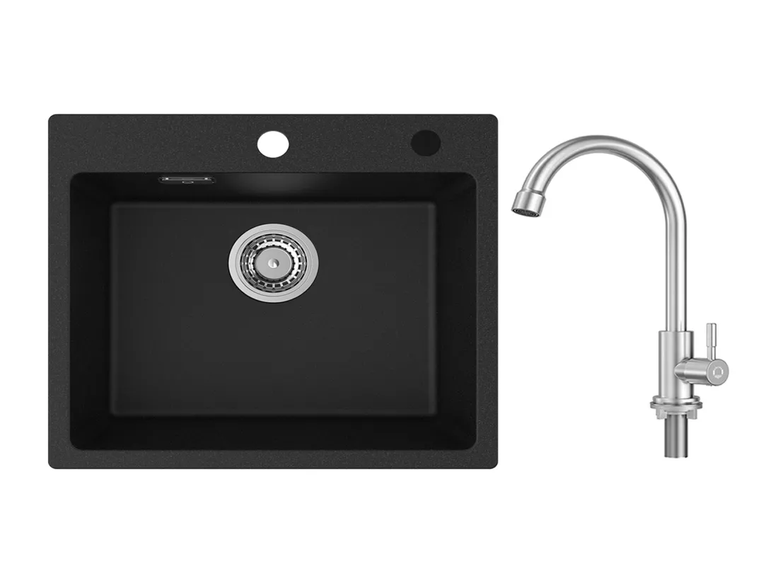 Cecipa MAX Evier 1 Bac 50x45cm Evier en Quartz et Résine Evier à Encastrer + Robinet de Cuisine à eau Froide,Brossé