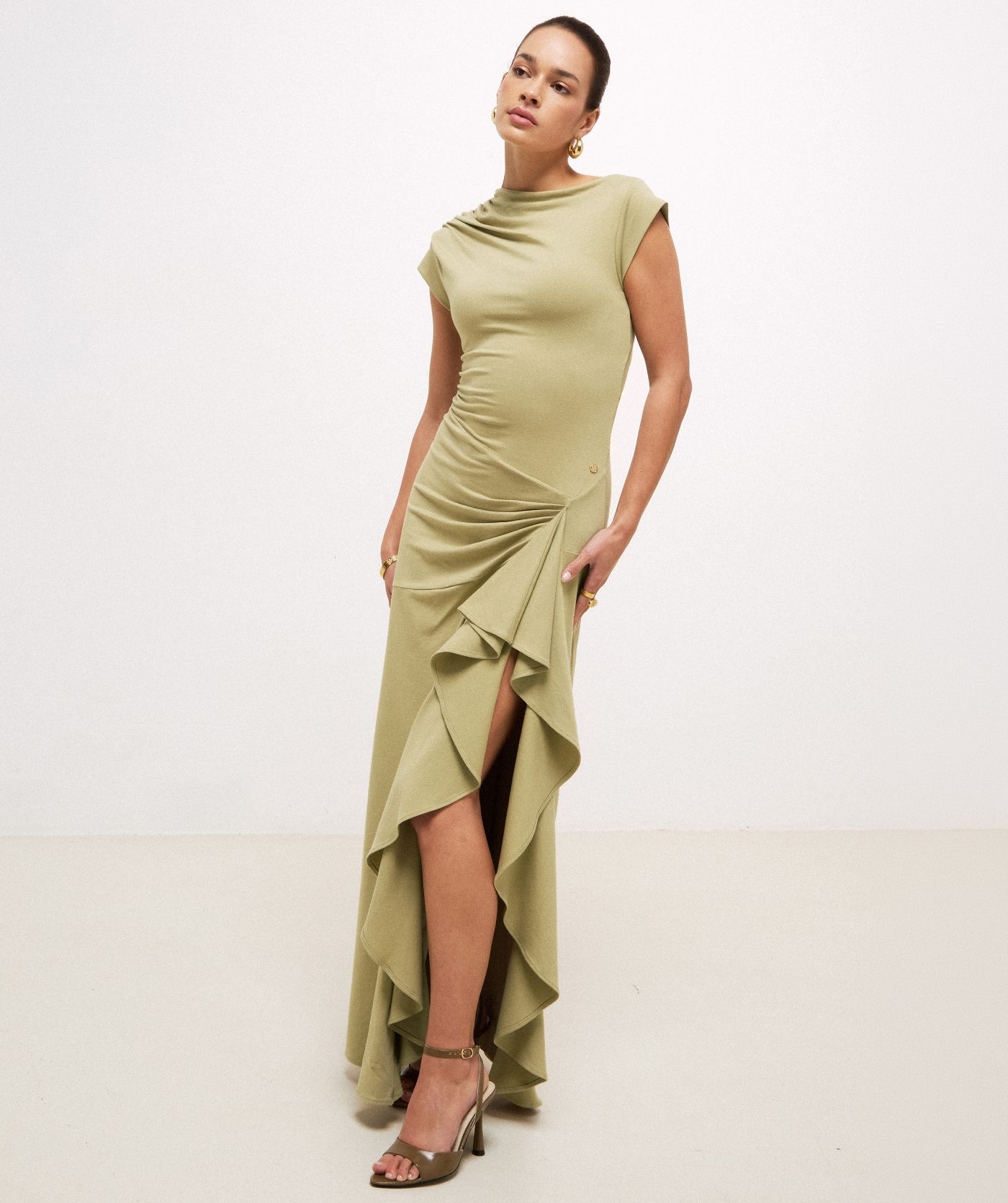JV-ZYLAS slim fit maxi jurk met ruffles - dark pistachio