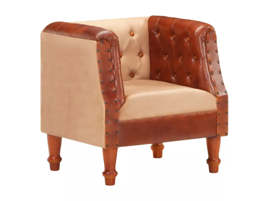 Fauteuil Marron Cuir véritable et bois de manguier massif