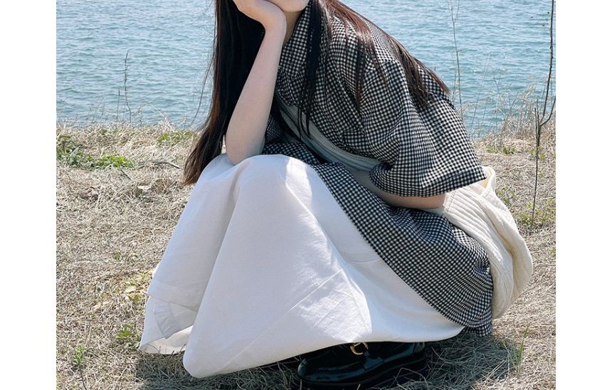Inchioh - Henley Gingham Peplum Shirt met Elleboogmouwen
