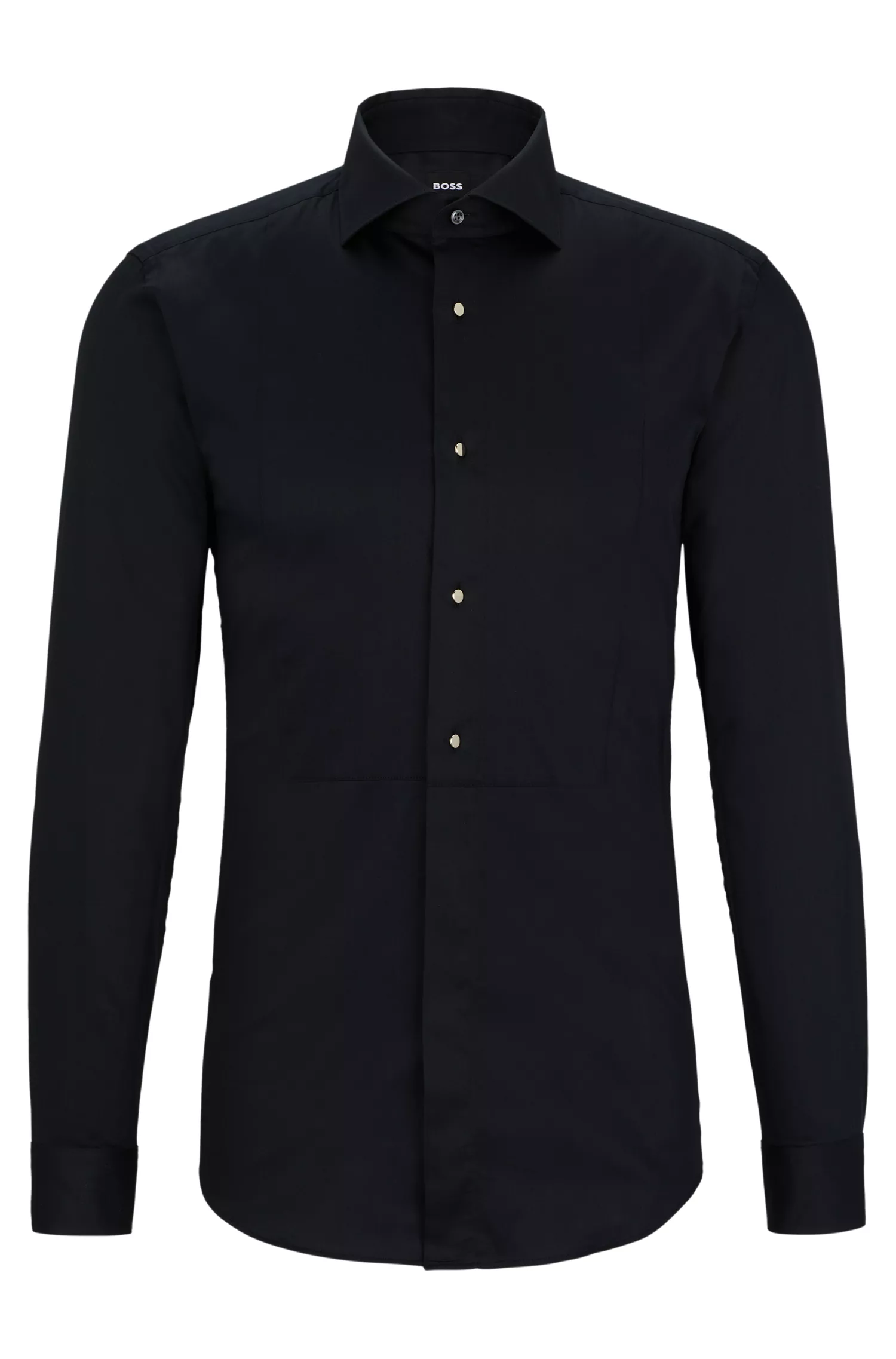 Camisa social BOSS preta, corte slim, em cetim de algodão elástico.