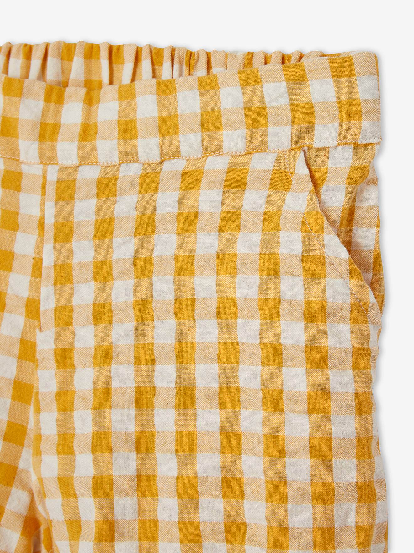 Conjunto de camiseta e shorts xadrez vichy para meninas, branco claro liso.