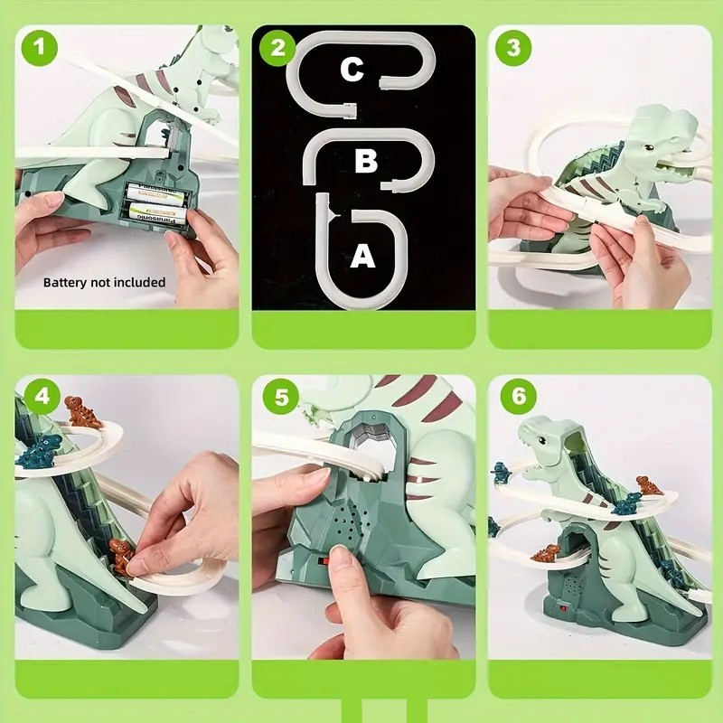 (4-tlg. Set) Kinder Dino Treppensteiger Spiel Achterbahn Dinosaurier Rutsche Spielzeug mit Sound Effekten (Batteriebetrieben) - Grün