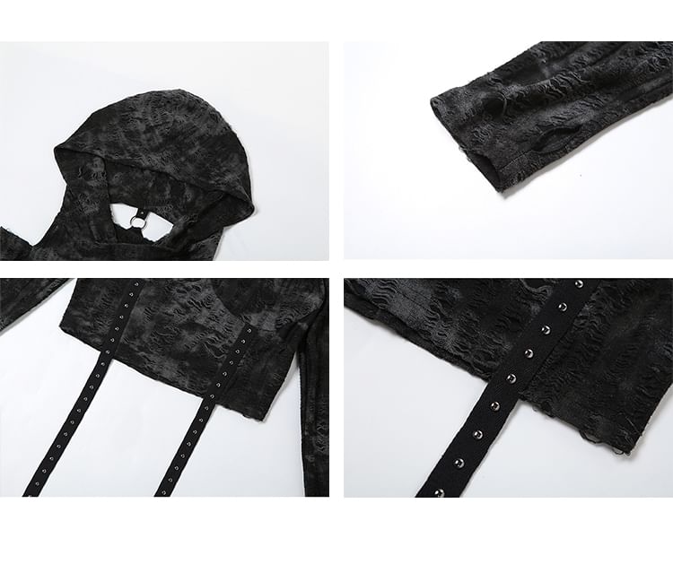 Autuna - Top met lange mouwen, cold shoulder tie dye capuchon en distressed effect