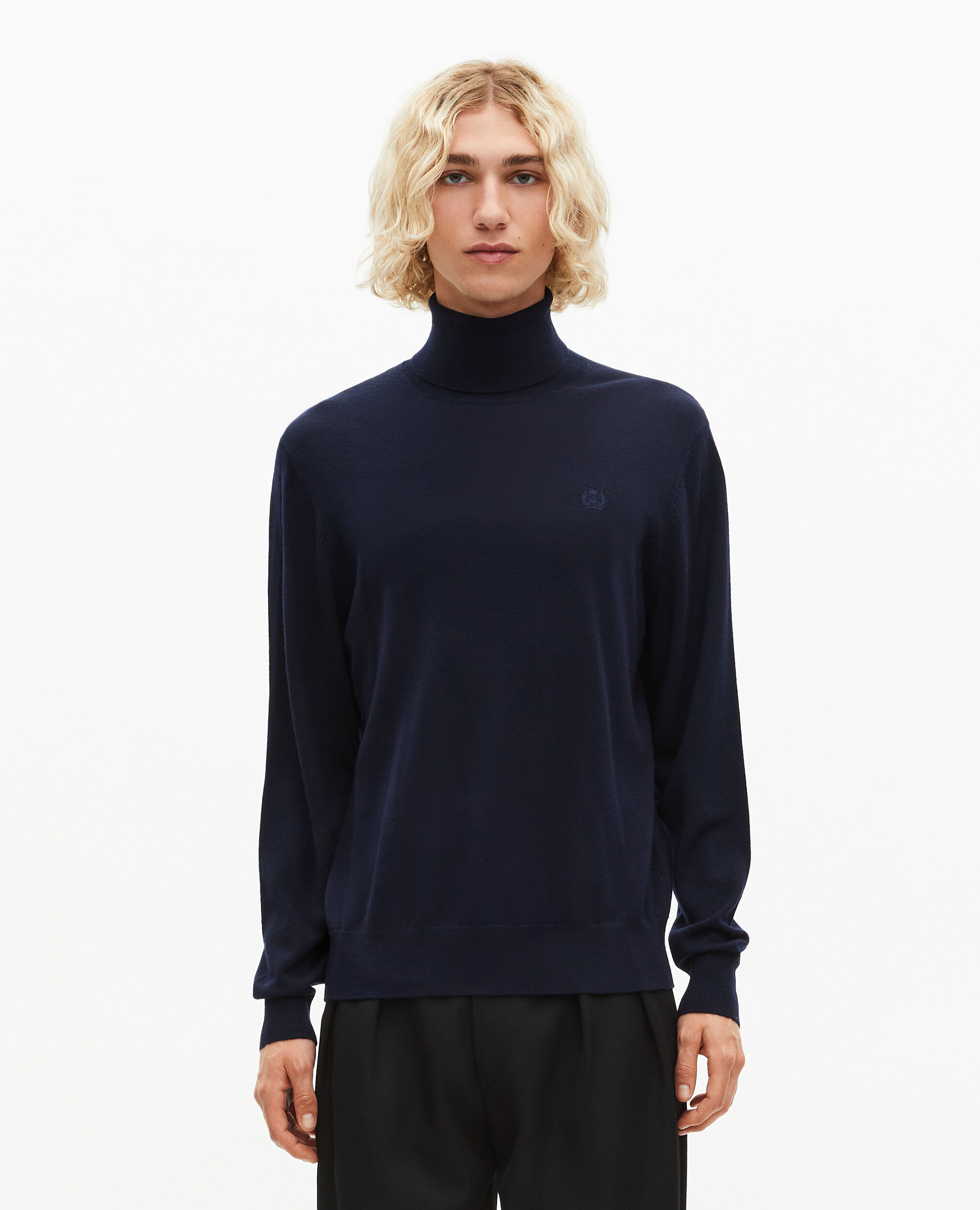Pull col roulé en laine mérinos marine