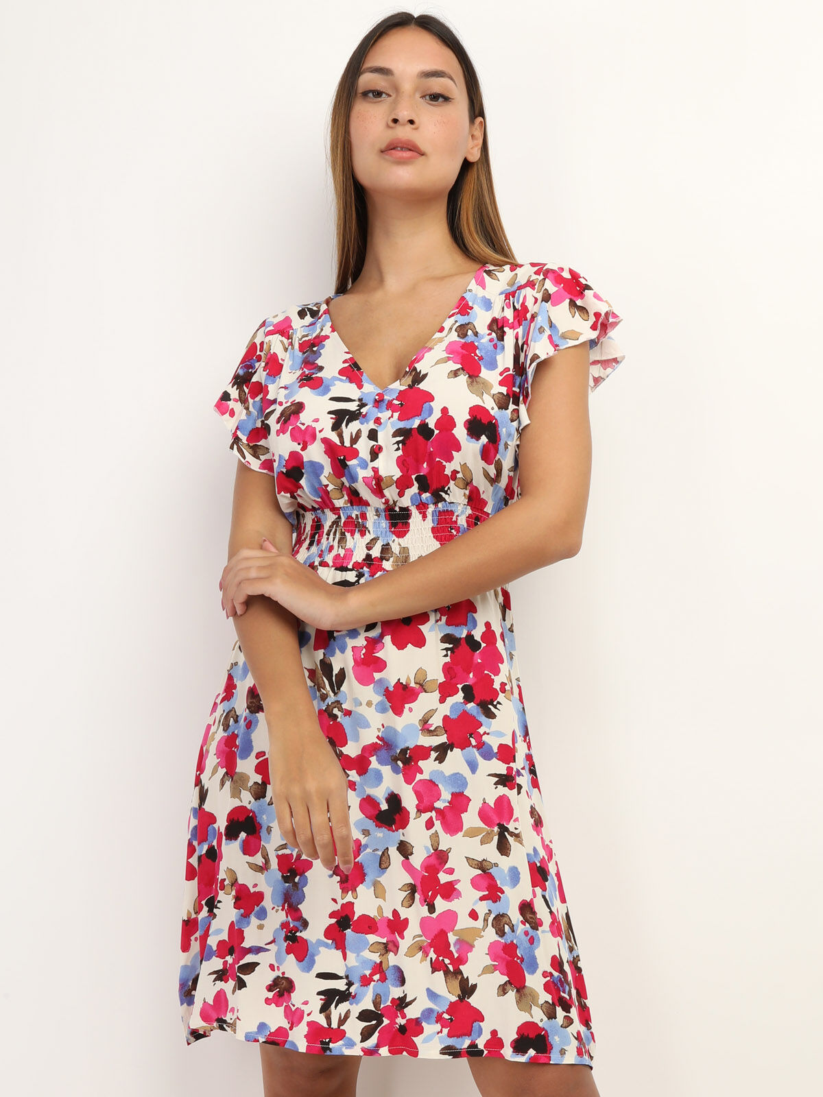Robe à fleurs smockée à boutons- Beige