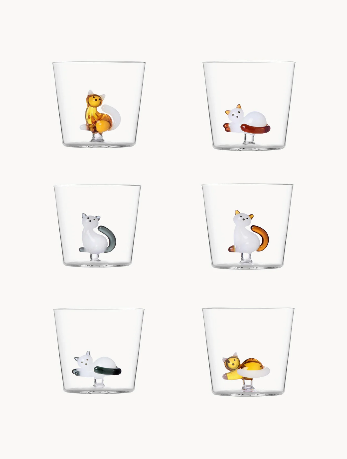 Handgemaakte tumblers Cats van borosilicaatglas, 6-delig