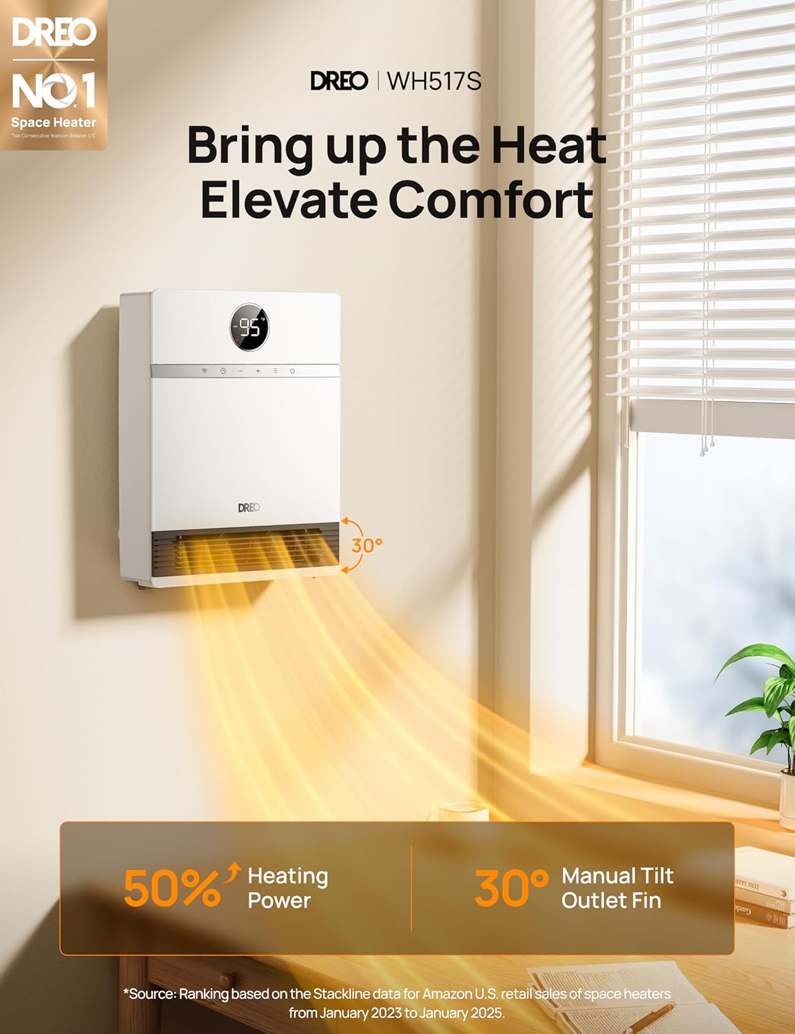 Dreo Chauffage mural intelligent - Fougère de sortie à 30° - 1500 W - Thermostat réglable - Télécommande - Minuterie - Chauffage Easy-Mount pour une utilisation en intérieur - Fonctionne avec Alexa