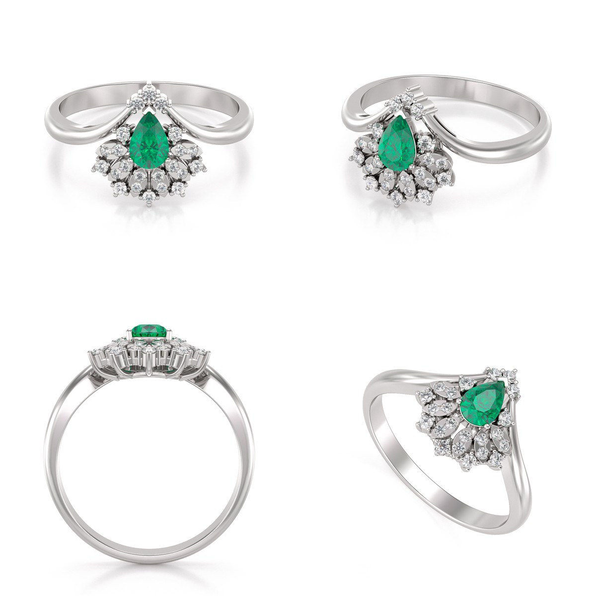 Bague ADEN Or 585 Blanc Emeraude et diamants 3.6grs