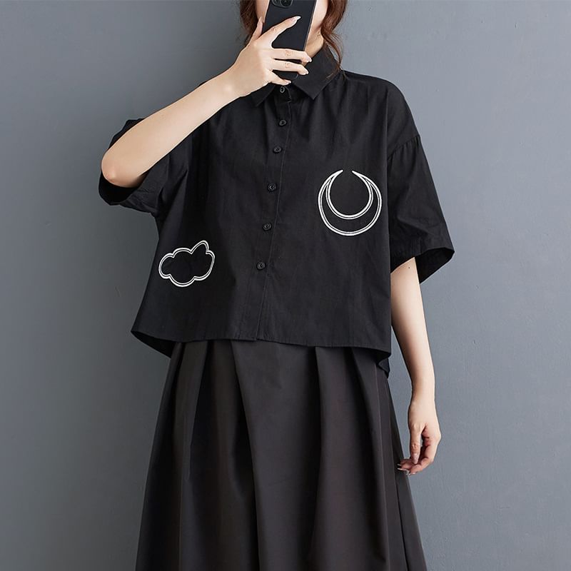 Shinobu - Elleboogmouw Kraag Applicatie Shirt