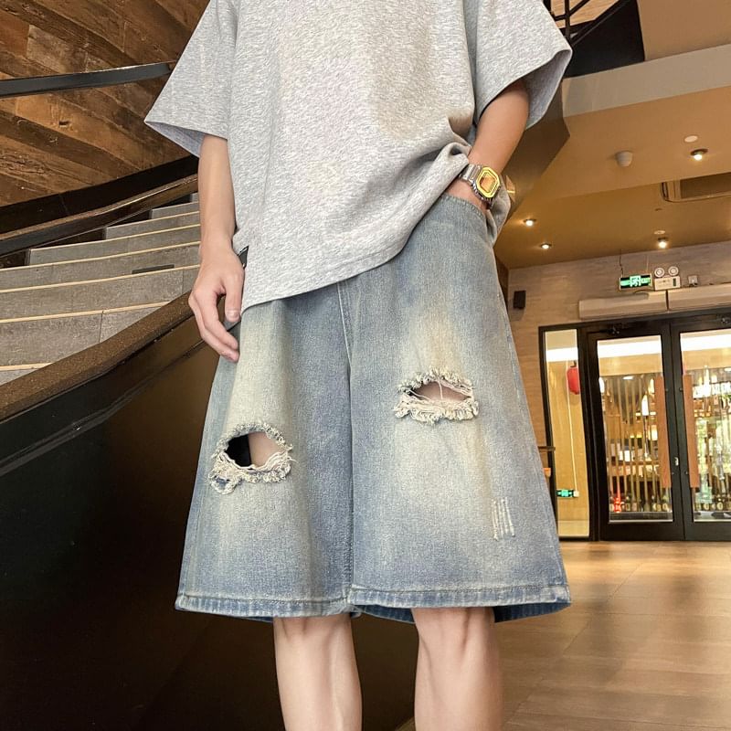 Kimeya - Mid Rise Washed Distressed Wide Leg Denim Shorts
