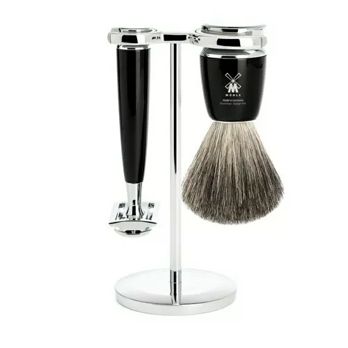 Mühle barbersæt med DE-skraber, Barberkost og Holder, Sort Kunst