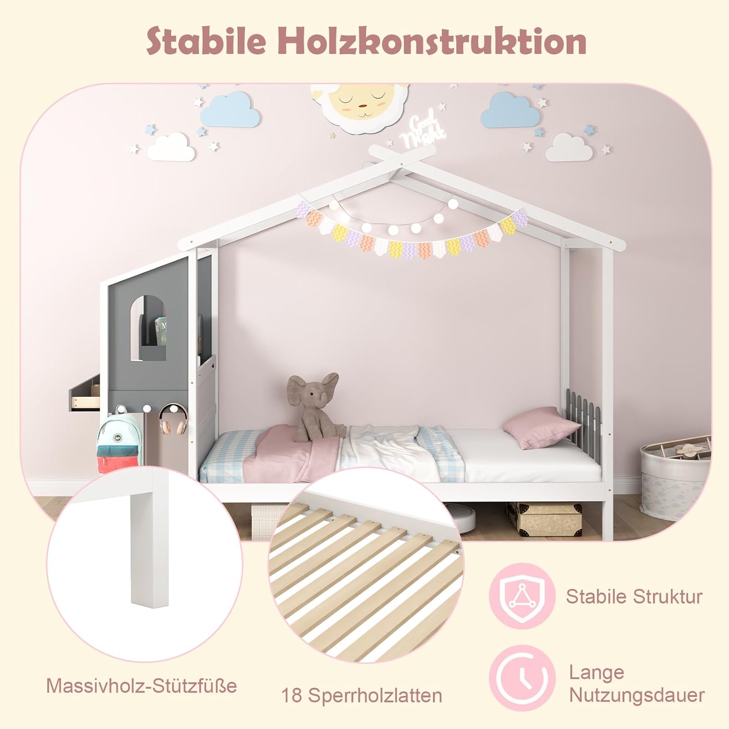 COSTWAY 90x200 cm Hausbett mit Rausfallschutz & Schreibtisch, Kinderbett mit Lattenrost, Schubladen und Haken, Jugendbett bis 150kg belastbar, Holzbett für Kinder, weiß