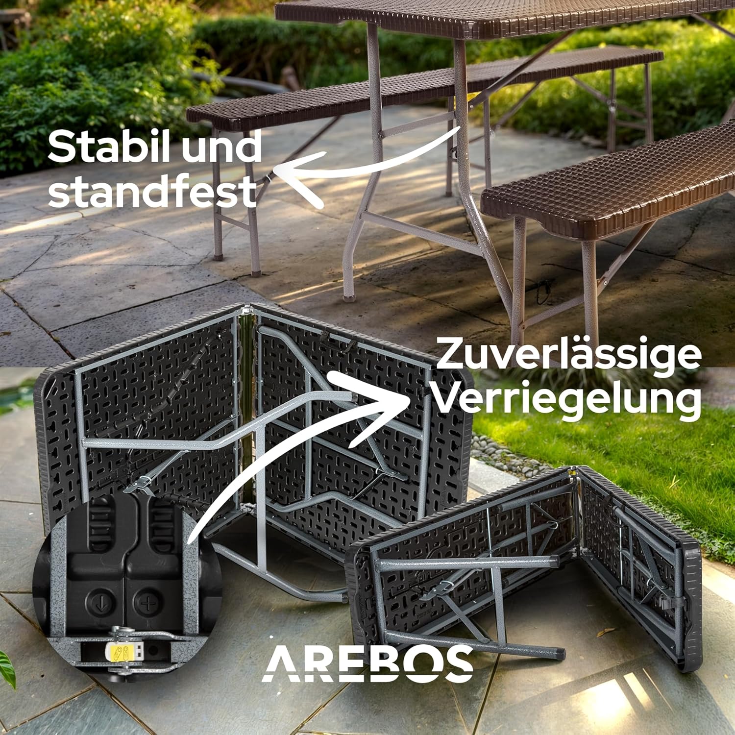 Arebos Bierzeltgarnitur 3-teilig Set Tisch + 2 x Bank | Festzeltgarnitur für drinnen - draußen | Biertisch Set | Zusammenklappbar & mit Tragegriff Campingtisch | Rattan-Look Schwarz