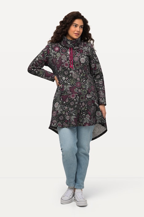Long-Sweater, Blüten, A-Linie, Stehkragen, Langarm