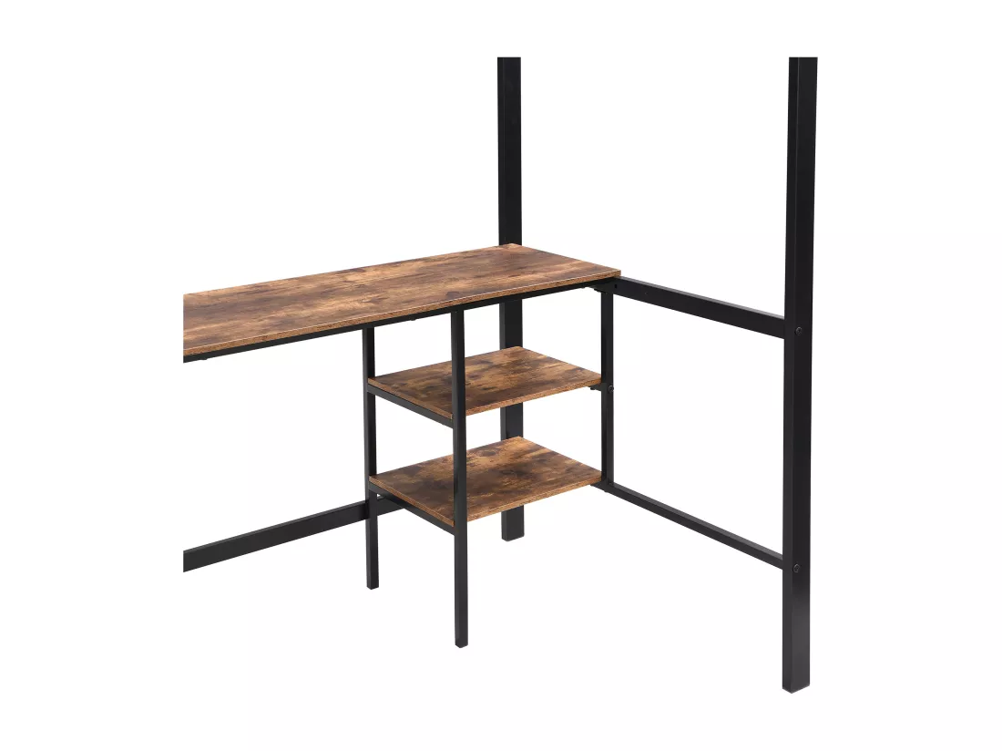 Lit mezzanine 90x200cm - avec table + étagère - avec échelle à quatre marches - fer + panneaux de particules - noir (sans matelas)